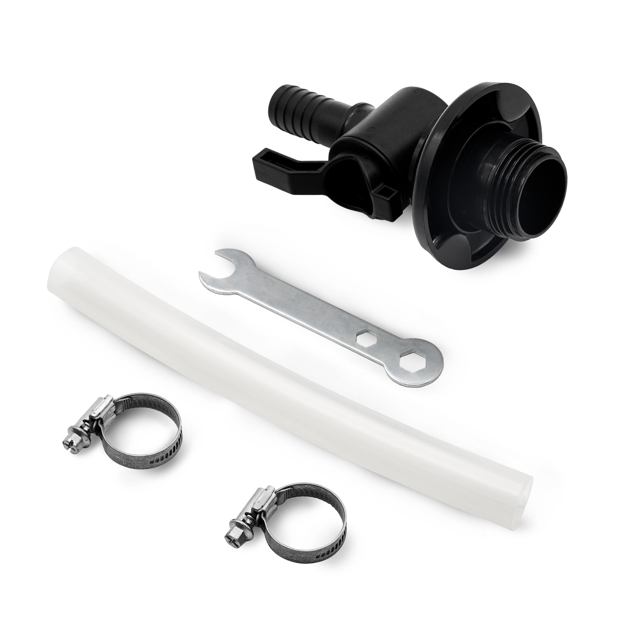1100CT Plumbing kit with black fitting, white tube, wrench, and clamps on a white background