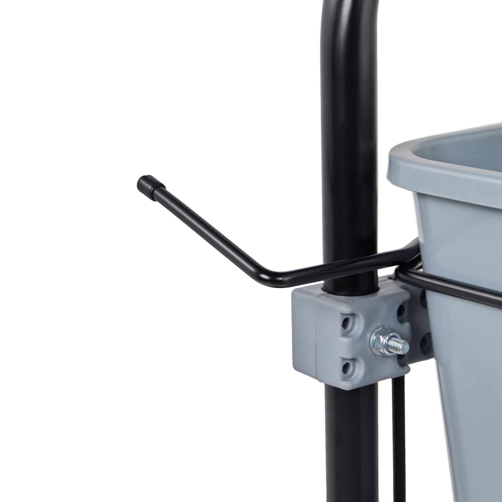 Gray bucket with 1100CT black metal handle and stand on a white background