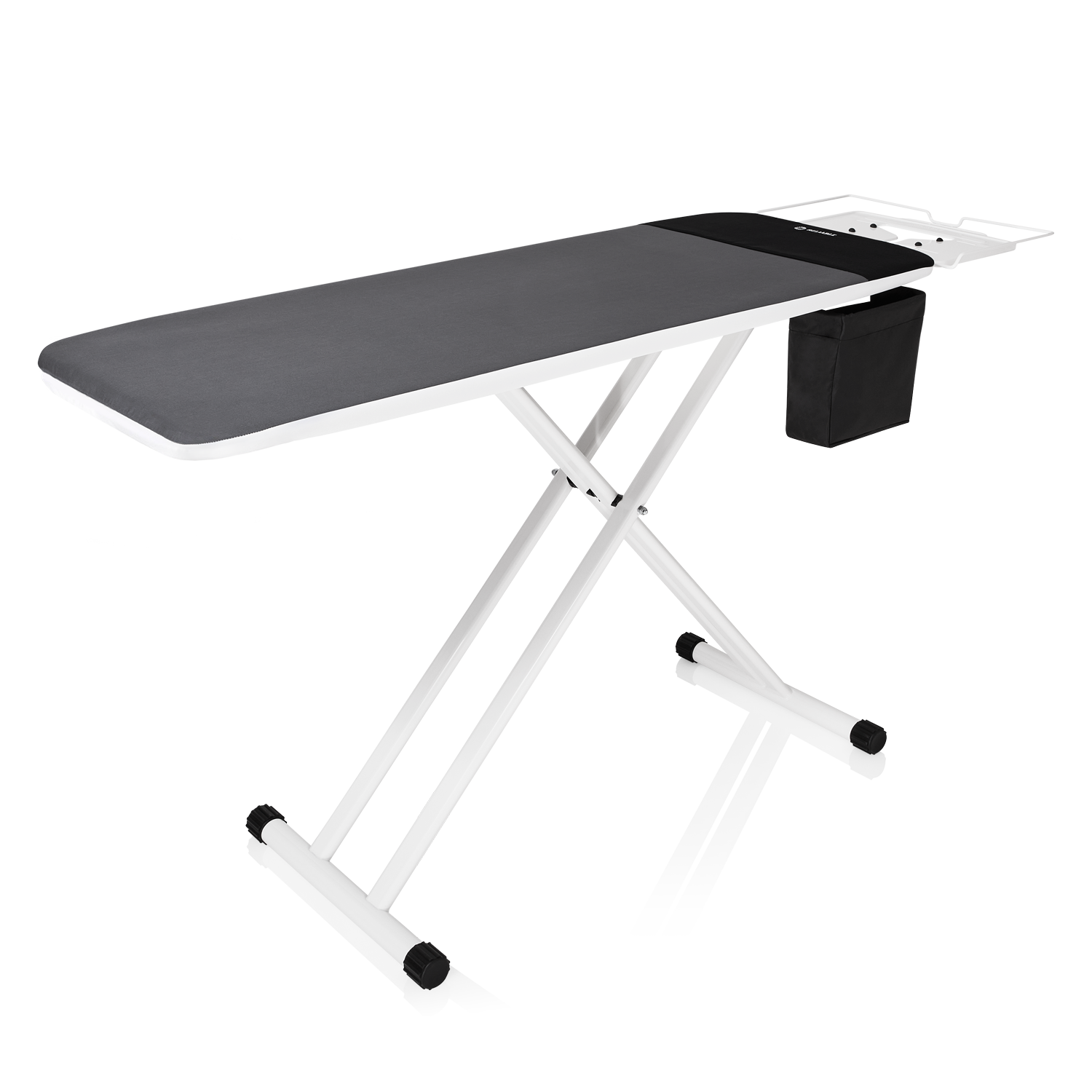 A long rectangular ironing board with memory foam padding and a storage pocket.