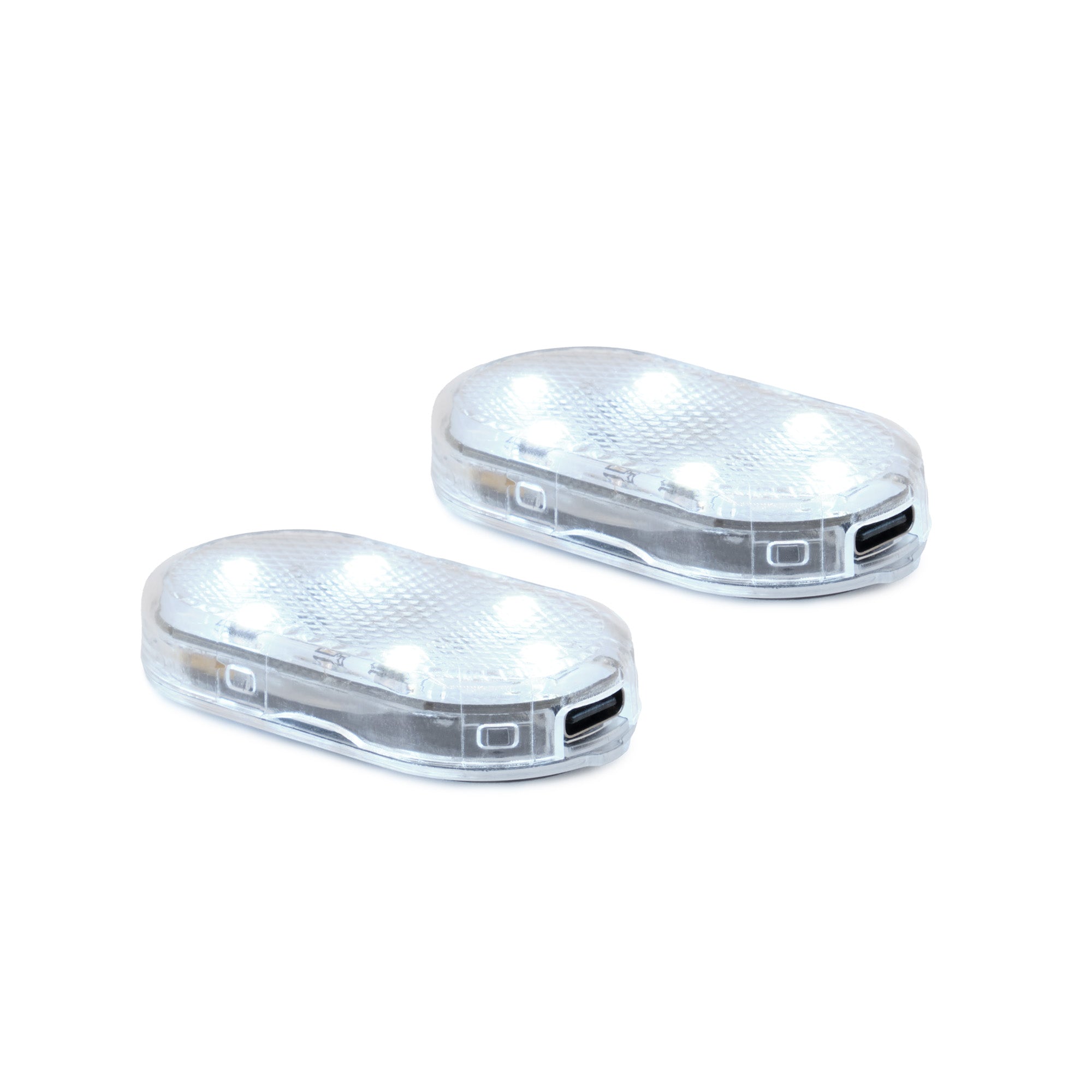 Two white CudaLight oval-shaped rechargeable LED sewing lights with a visible USB port