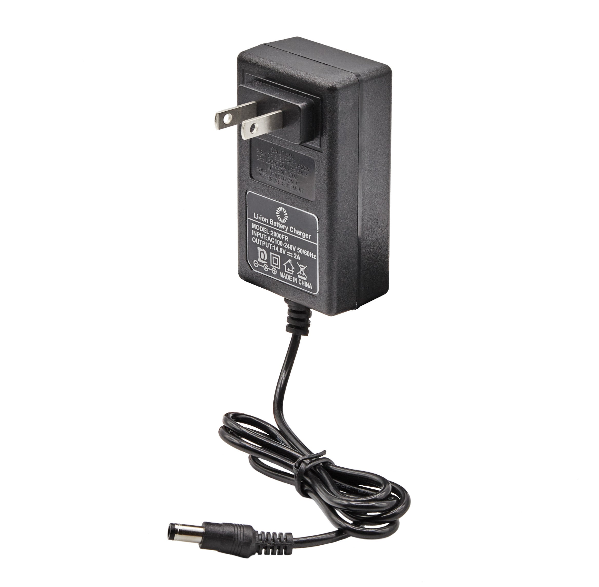 The Reliable Charger For Lithium-Ion Battery for 2000FR is black, has a two-prong plug, and an attached cable ending in a cylindrical DC connector.