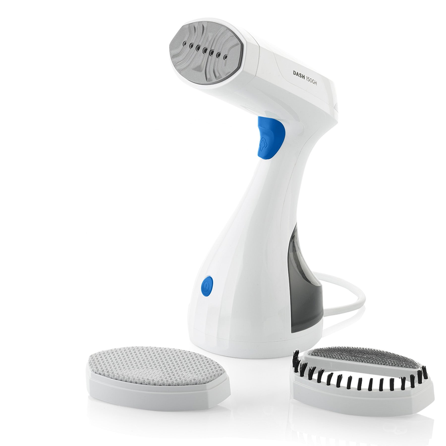 A Dash Portable Garment Steamer in white with blue accents, including a steam head and brush