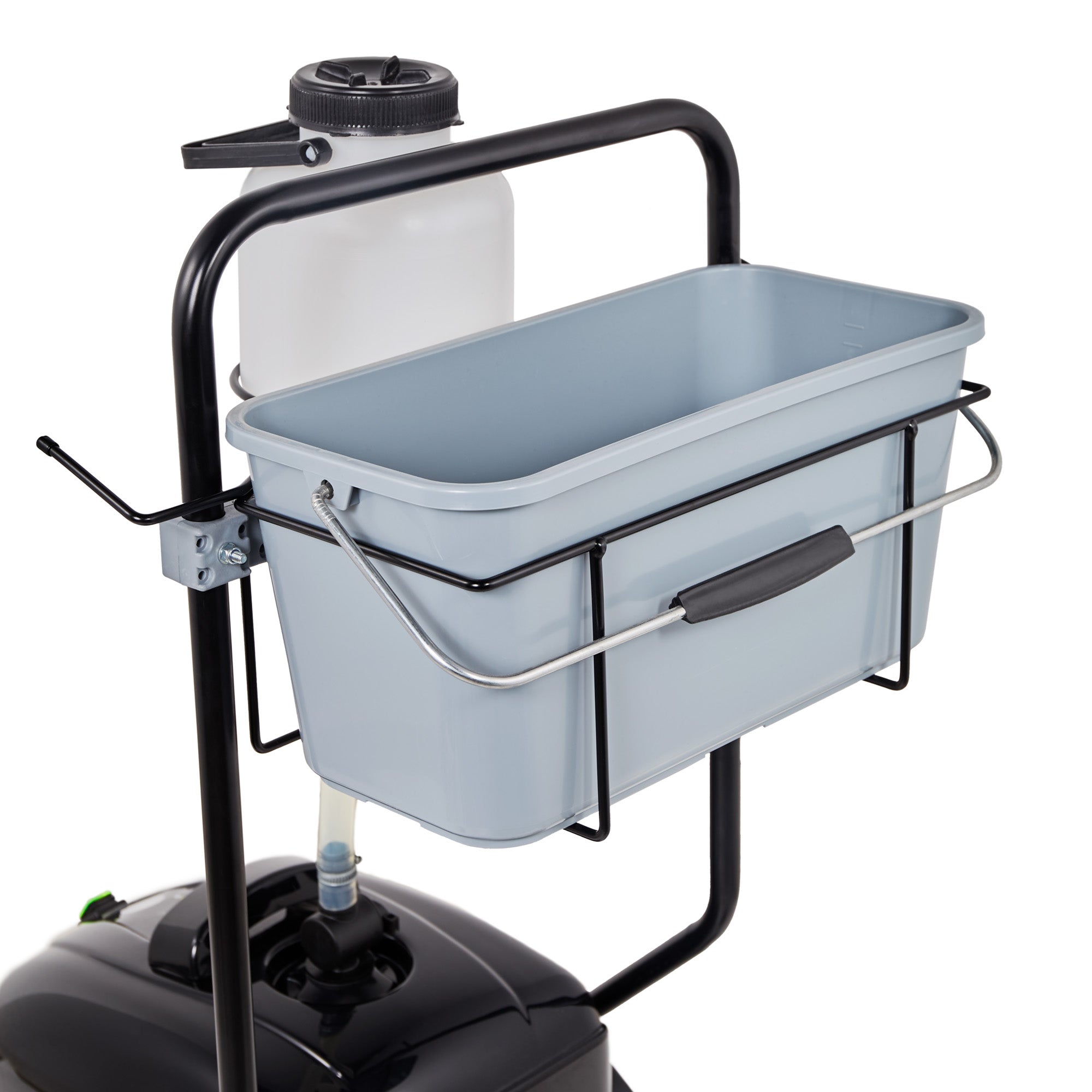1100CT Gray cleaning bucket with black handle attached to a cart on a white background